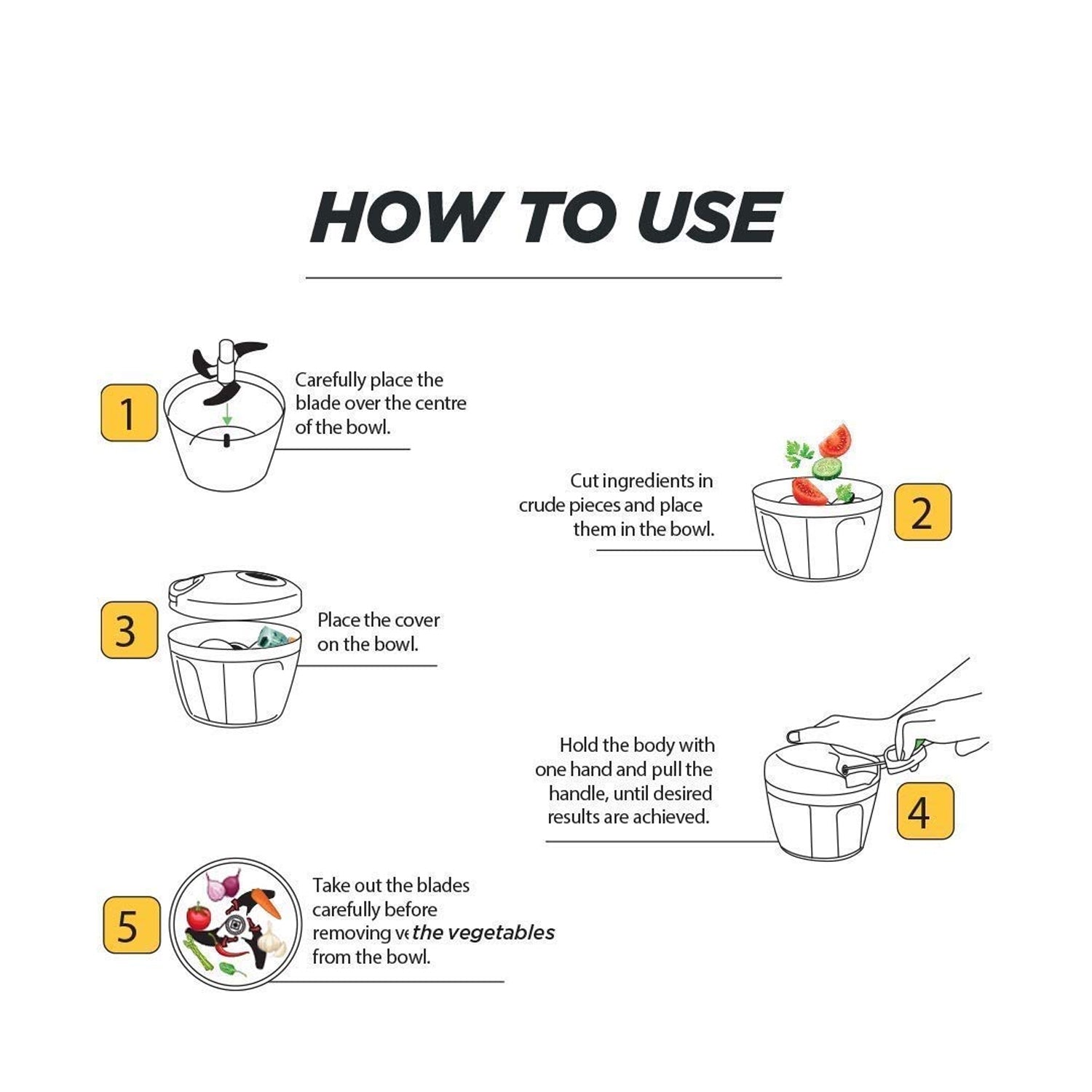 Instructions for using the manual stainless steel vegetable chopper showing steps for chopping vegetables