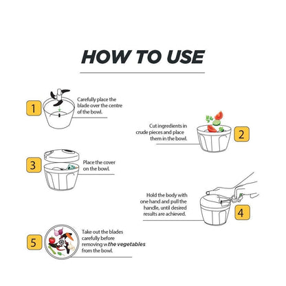 Instructions for using the manual stainless steel vegetable chopper showing steps for chopping vegetables