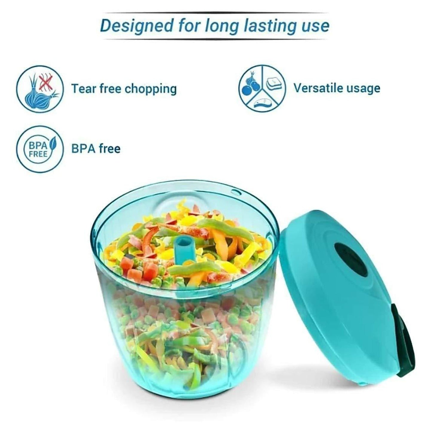 Manual stainless steel vegetable chopper with clear bowl, designed for tear-free chopping and versatile use