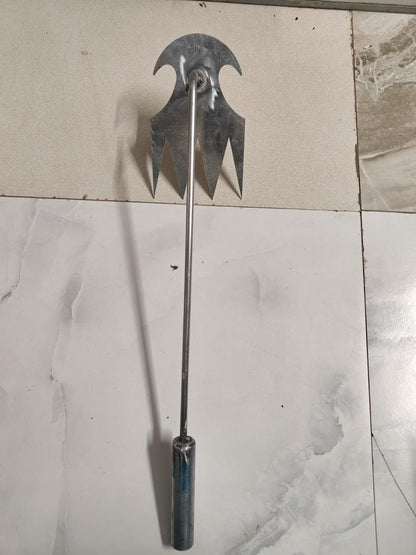 Manual weed remover for small farms with metal handle and multi-pronged blade for effective weeding