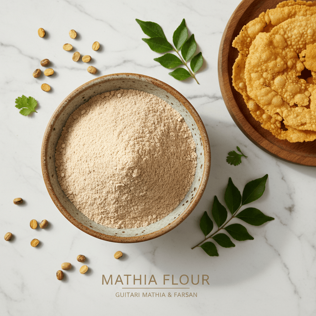 Brown bowl filled with gram dal flour, surrounded by curry leaves and crispy snacks on a wooden plate