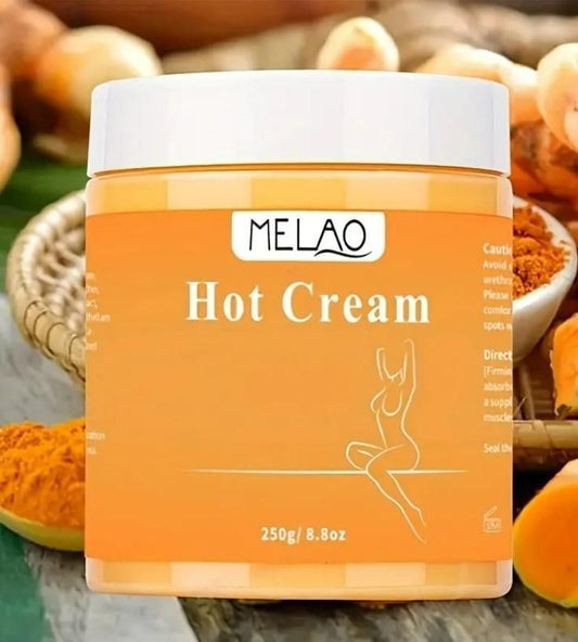 Melao Organic Body Care Hot Cream in 250g container with vibrant orange label for skin warmth and relaxation