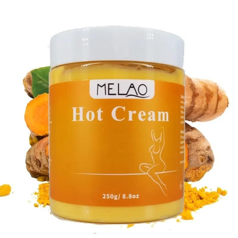 MELAO Organic Body Care Hot Cream in 250g jar with turmeric background for soothing skin treatment