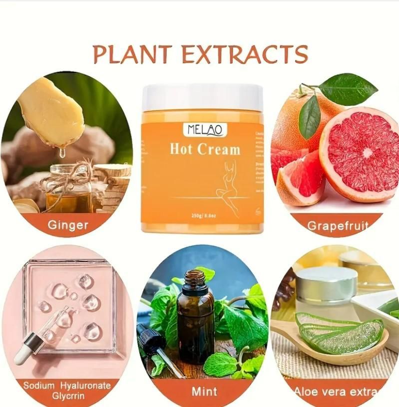 Melao Organic Body Care Hot Cream with plant extracts like ginger, grapefruit, mint, and aloe vera