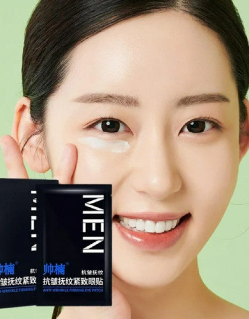 The Gir Farmer dark circles treatment patches applied under eyes on smiling woman for gym and wellness