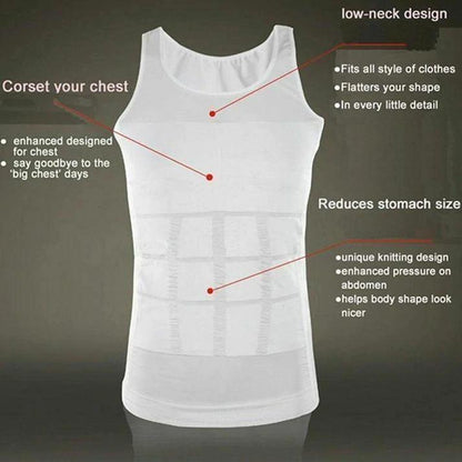 Men's compression vest in white with low-neck design for enhanced chest support and tummy reduction