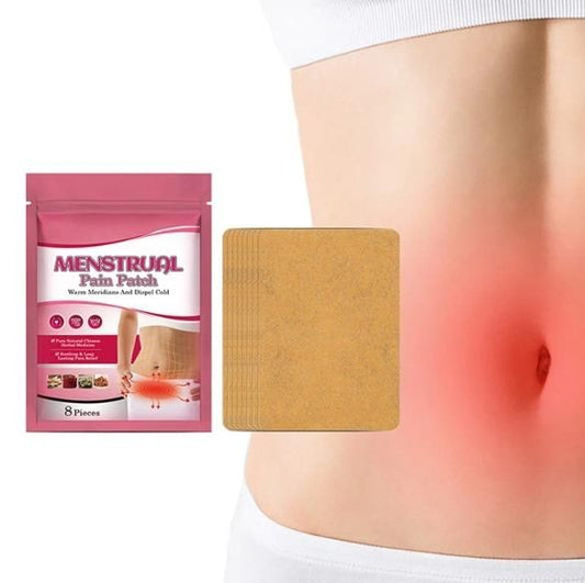 Menstrual cramp relief patches displayed next to packaging, designed for targeted pain relief during menstruation