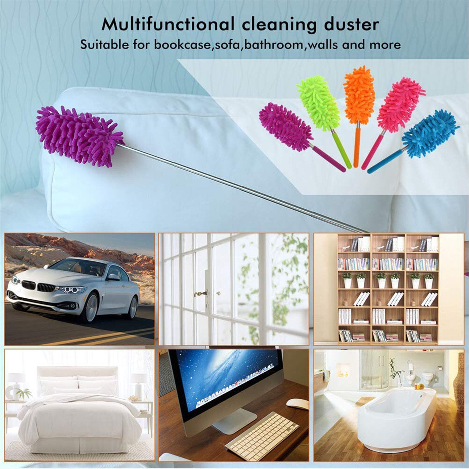 Colorful microfiber fan cleaning duster for versatile cleaning of bookcases, sofas, and more