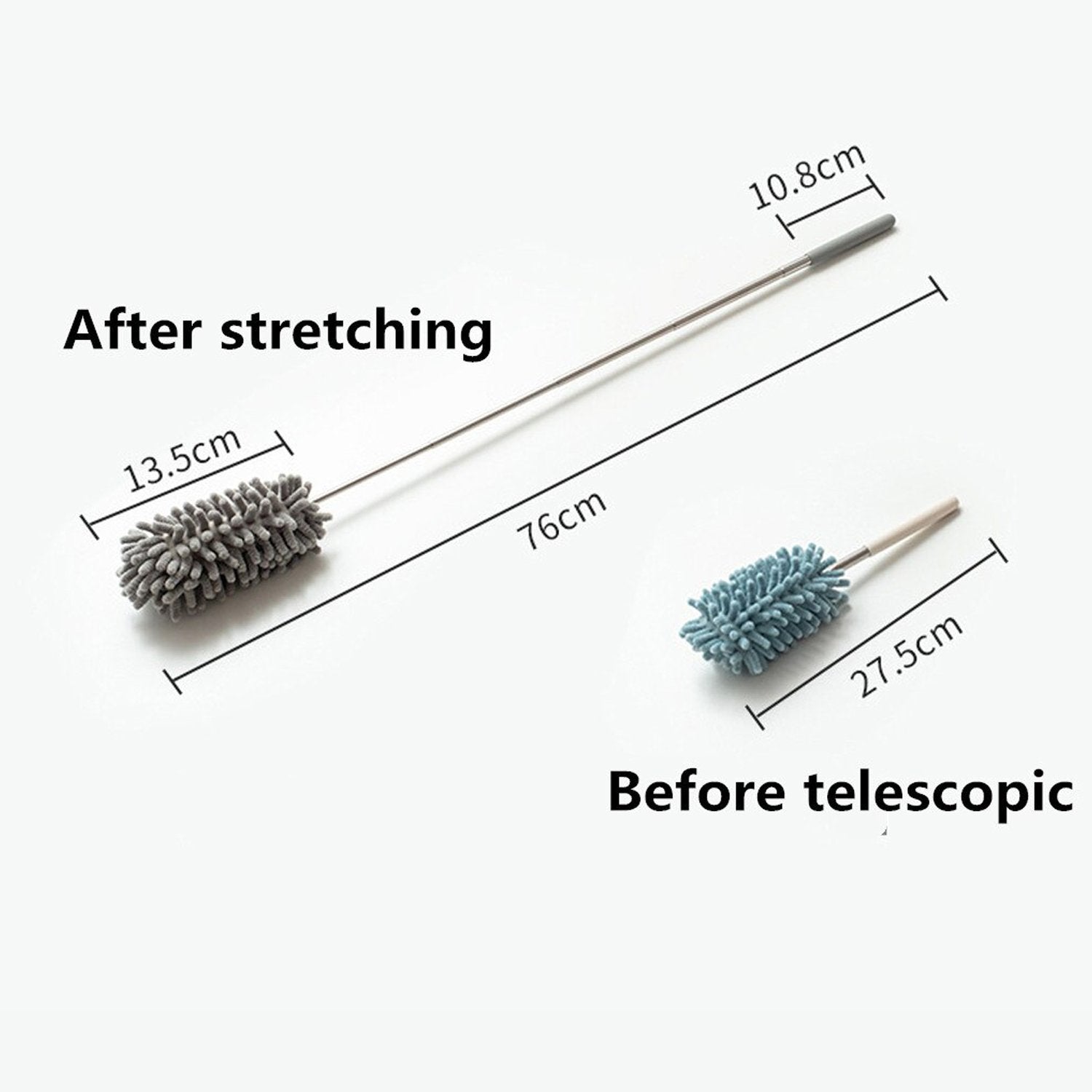 Microfiber fan cleaning duster showing telescopic design with dimensions for efficient dust removal