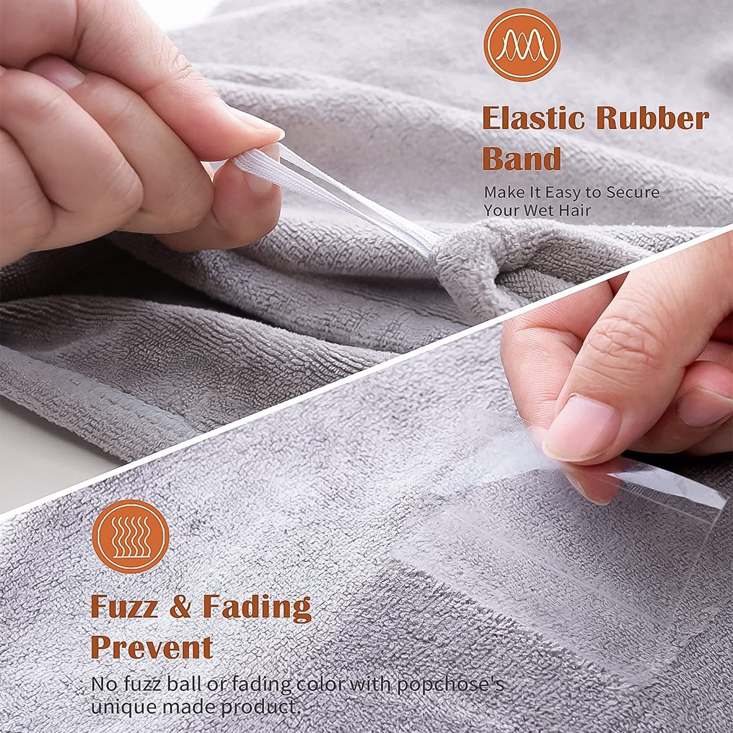 Microfiber hair drying towel with elastic rubber band to secure wet hair and prevent fuzz and fading