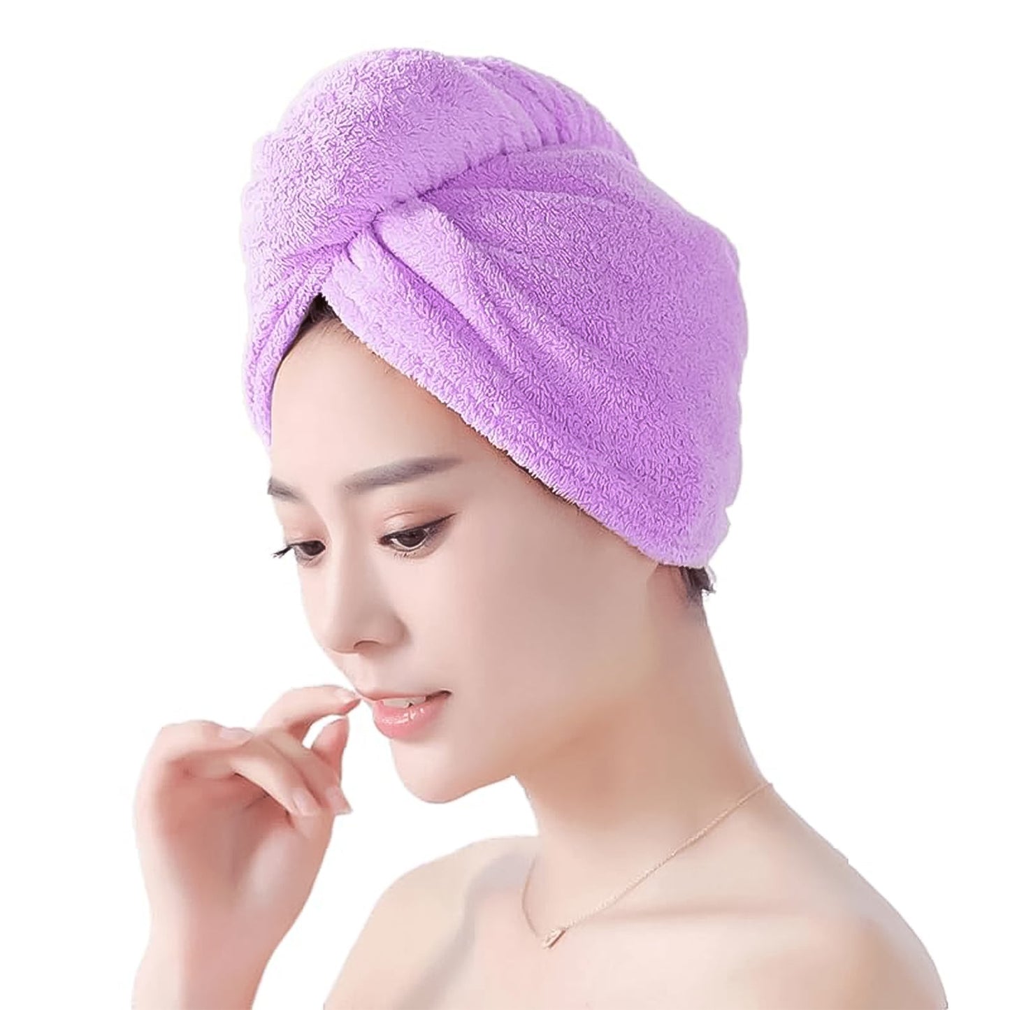 Your Brand microfiber hair drying towel in light purple, ideal for quick drying after a shower