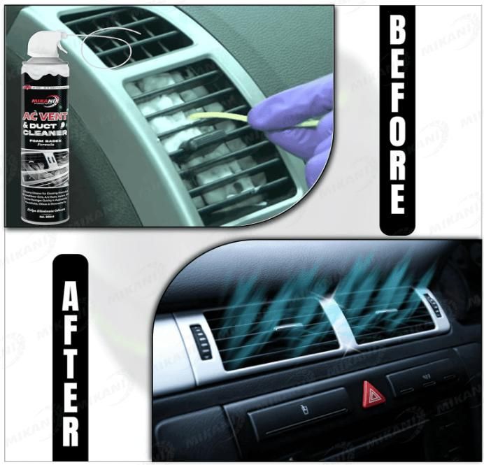 Foaming AC vent cleaner for home showing before and after cleaning car air vents with THE GIR FARMER product