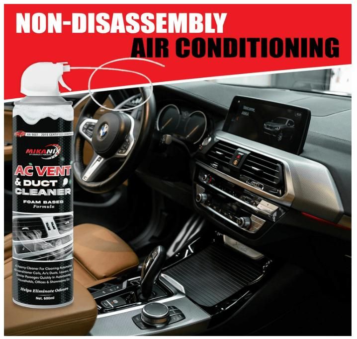 Foaming AC vent cleaner for home displayed next to a clean car air conditioning vent and dashboard