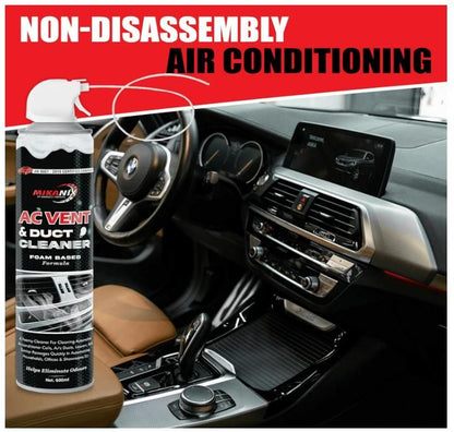 Foaming AC vent cleaner for home displayed next to a clean car air conditioning vent and dashboard