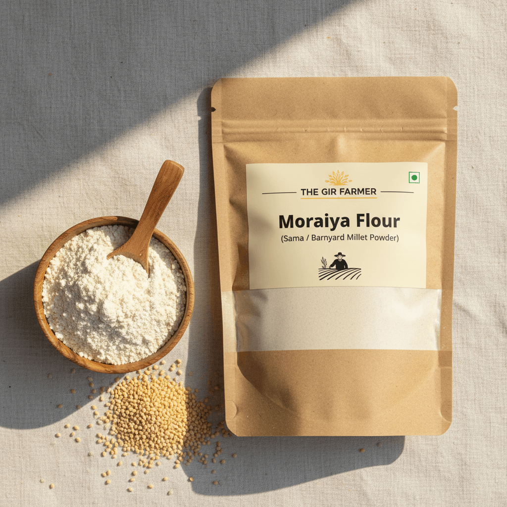 The Gir Farmer Moraiya Flour package with millet flour in a bowl, ideal for gluten-free baking