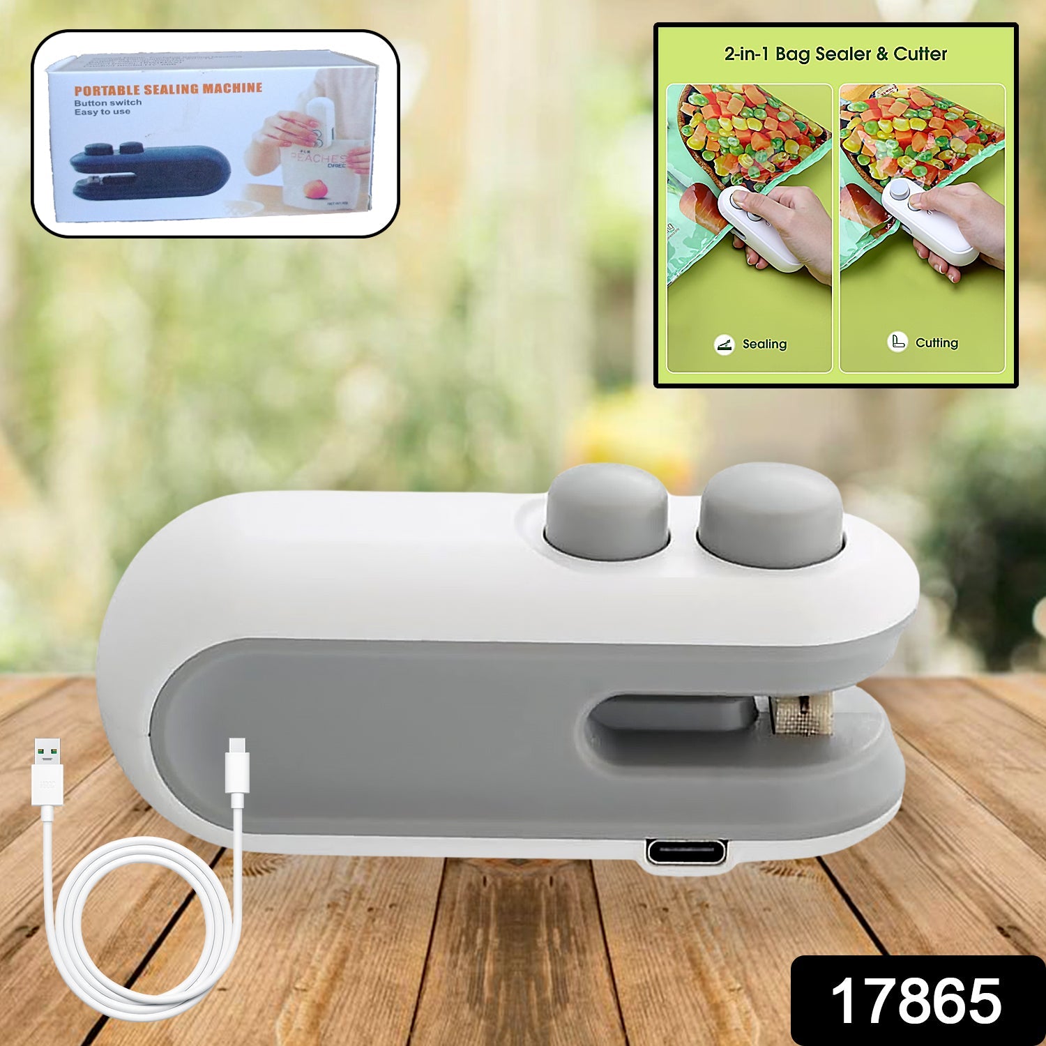 Mini bag sealer for snacks in gray and white design, portable sealing machine with cutting function