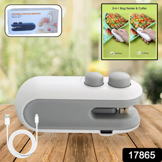 Mini bag sealer for snacks in gray and white design, portable sealing machine with cutting function