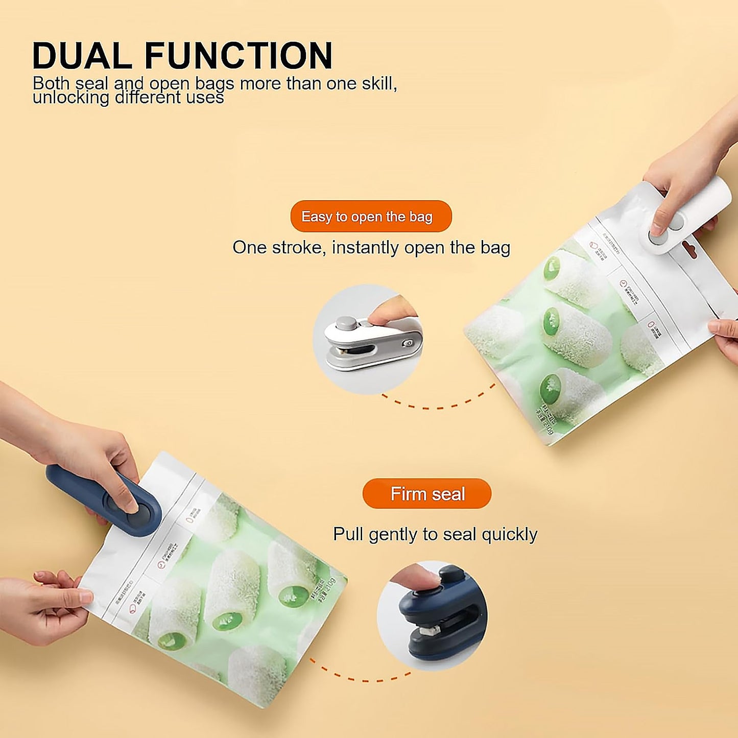 Mini bag sealer for snacks demonstrating dual function: easy opening and firm sealing of bags