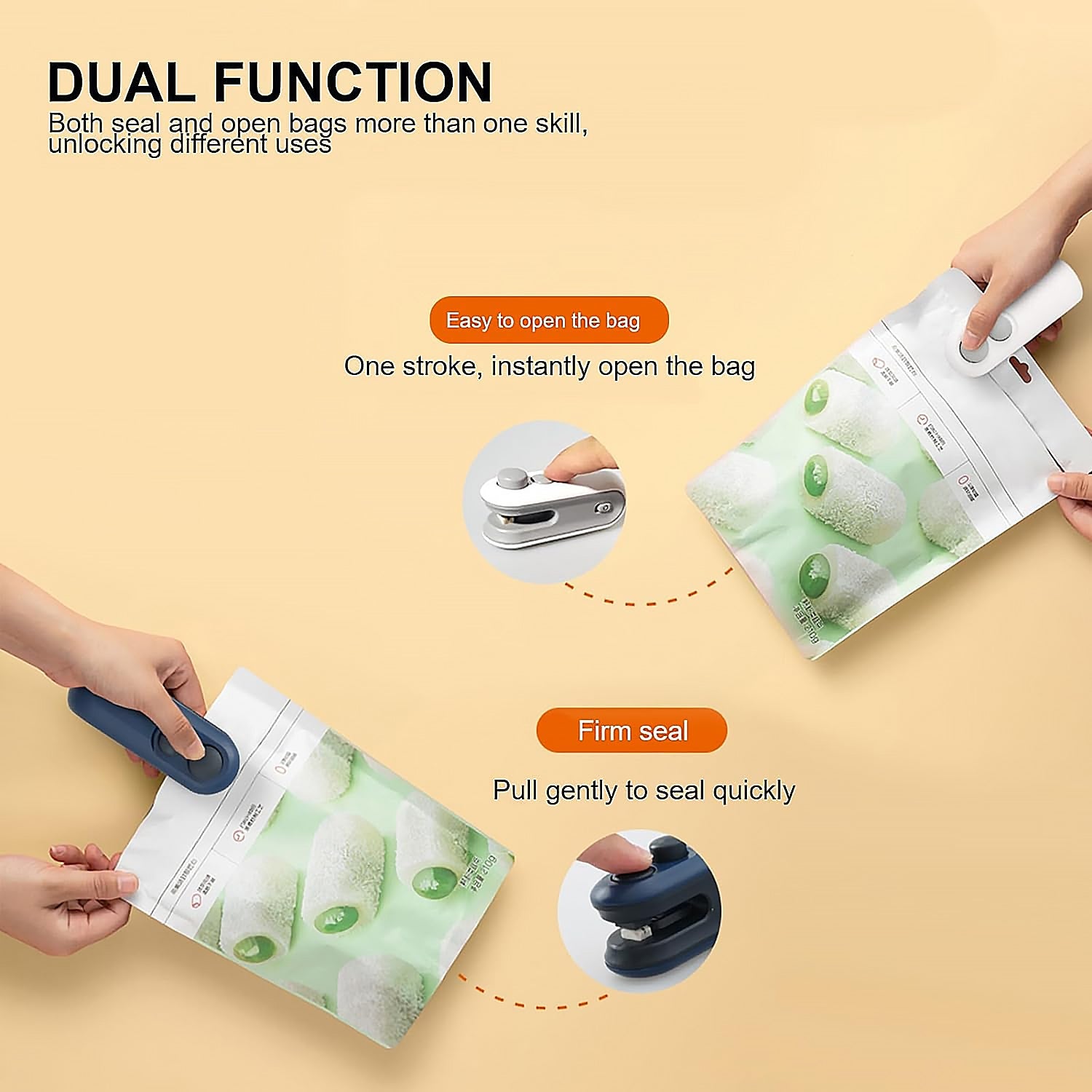 Mini bag sealer for snacks demonstrating dual function: easy opening and firm sealing of bags