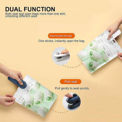 Mini bag sealer for snacks demonstrating dual function: easy opening and firm sealing of bags
