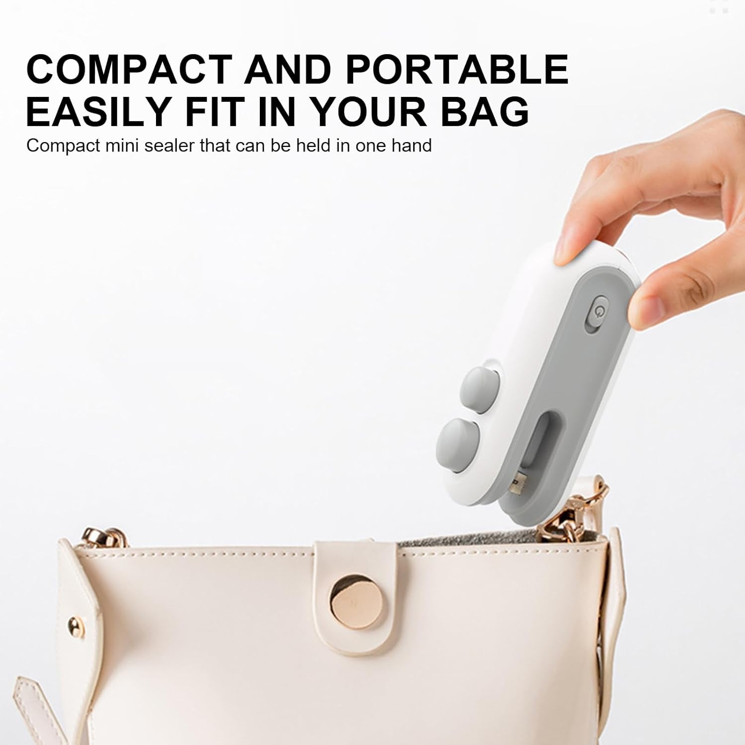 Compact mini bag sealer for snacks that easily fits in your bag for on-the-go use