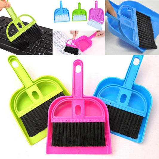 Colorful mini dustpan and brush set in green, blue, and pink for quick cleanups around the home or office