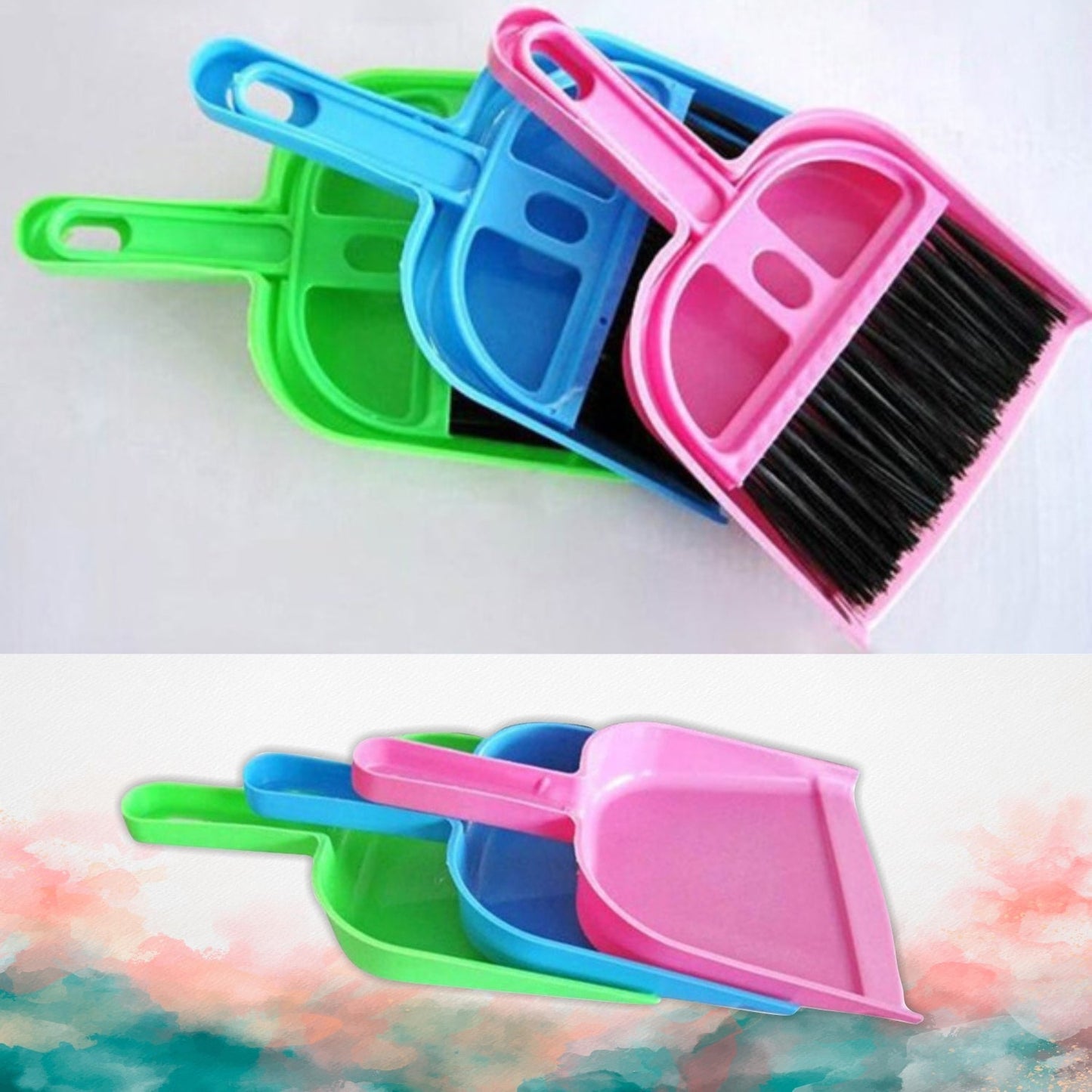 Colorful mini dustpan and brush set in pink and blue for easy cleaning and dust removal