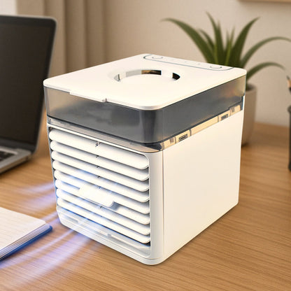 Your Brand mini portable air cooler on a desk with laptop and notebook for personal cooling convenience