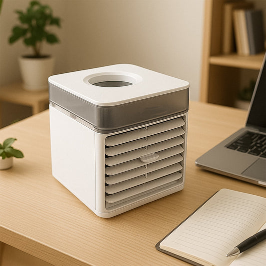 Mini portable air cooler in white and gray on a desk next to a laptop and plant for personal cooling