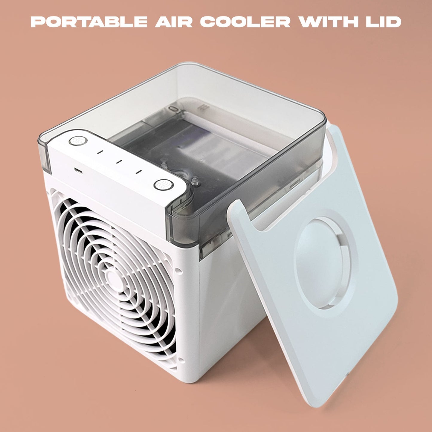 Mini portable air cooler with transparent lid and easy-access controls for efficient cooling