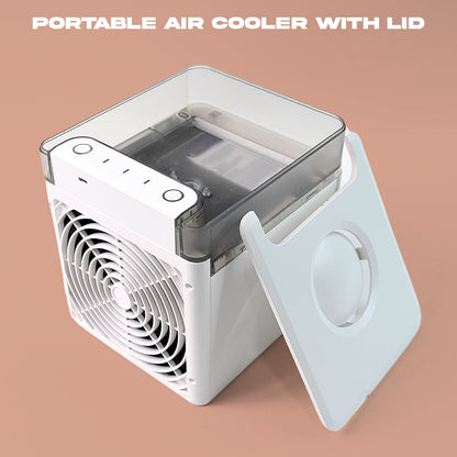 Mini portable air cooler with transparent lid and easy-access controls for efficient cooling