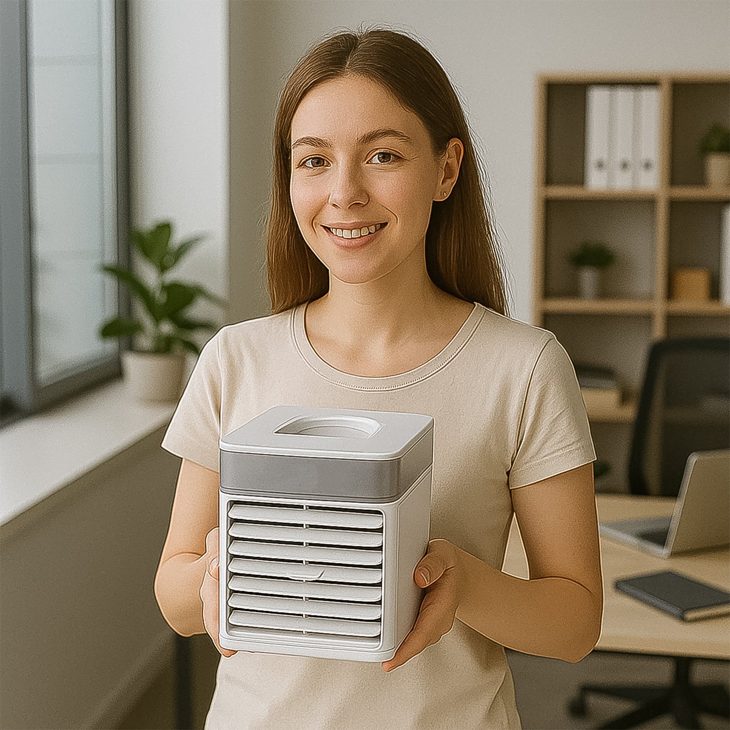 Woman holding a mini portable air cooler in a modern office setting with plants and a laptop