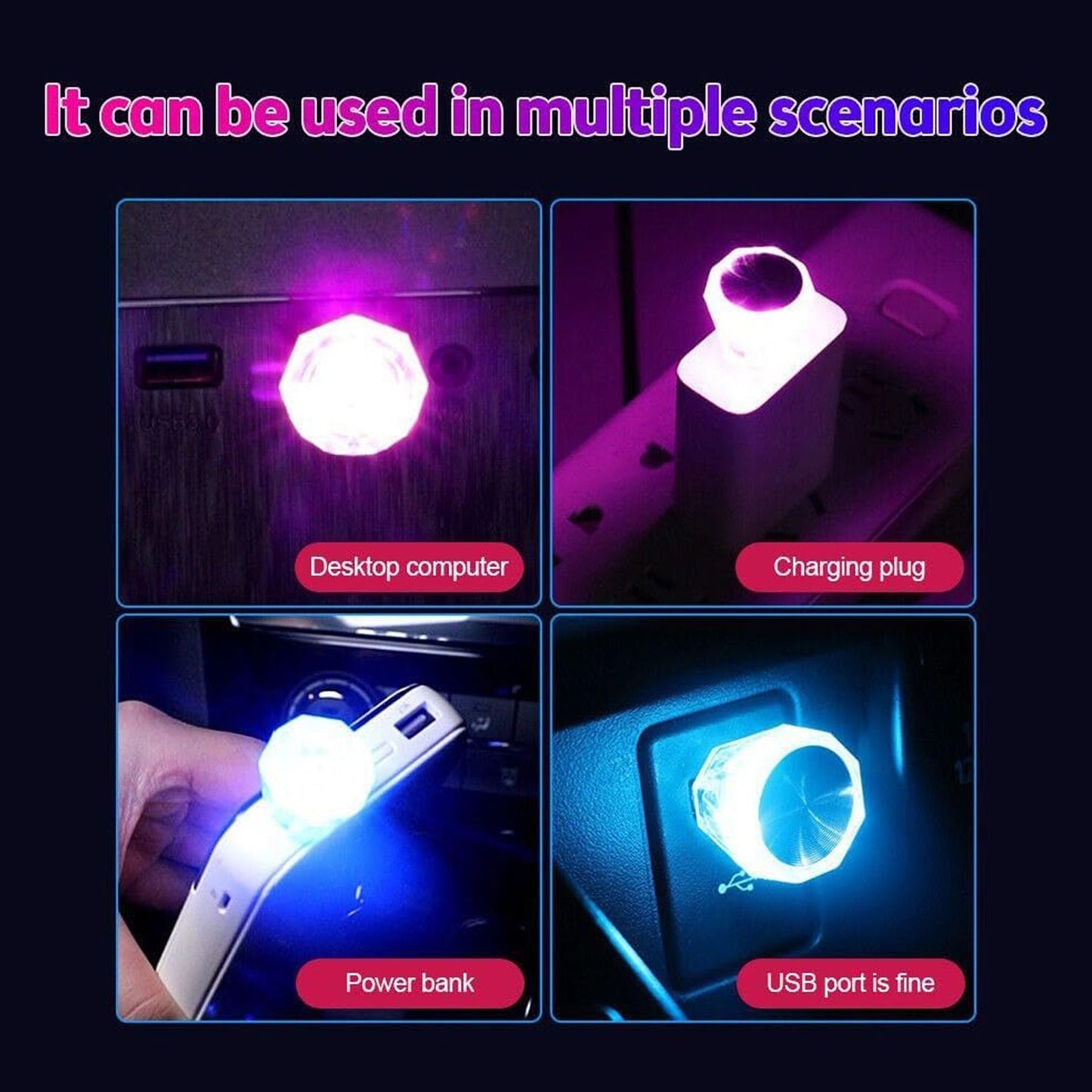 Compact multi-use mini USB LED car light for desktop, charging, power bank, and more