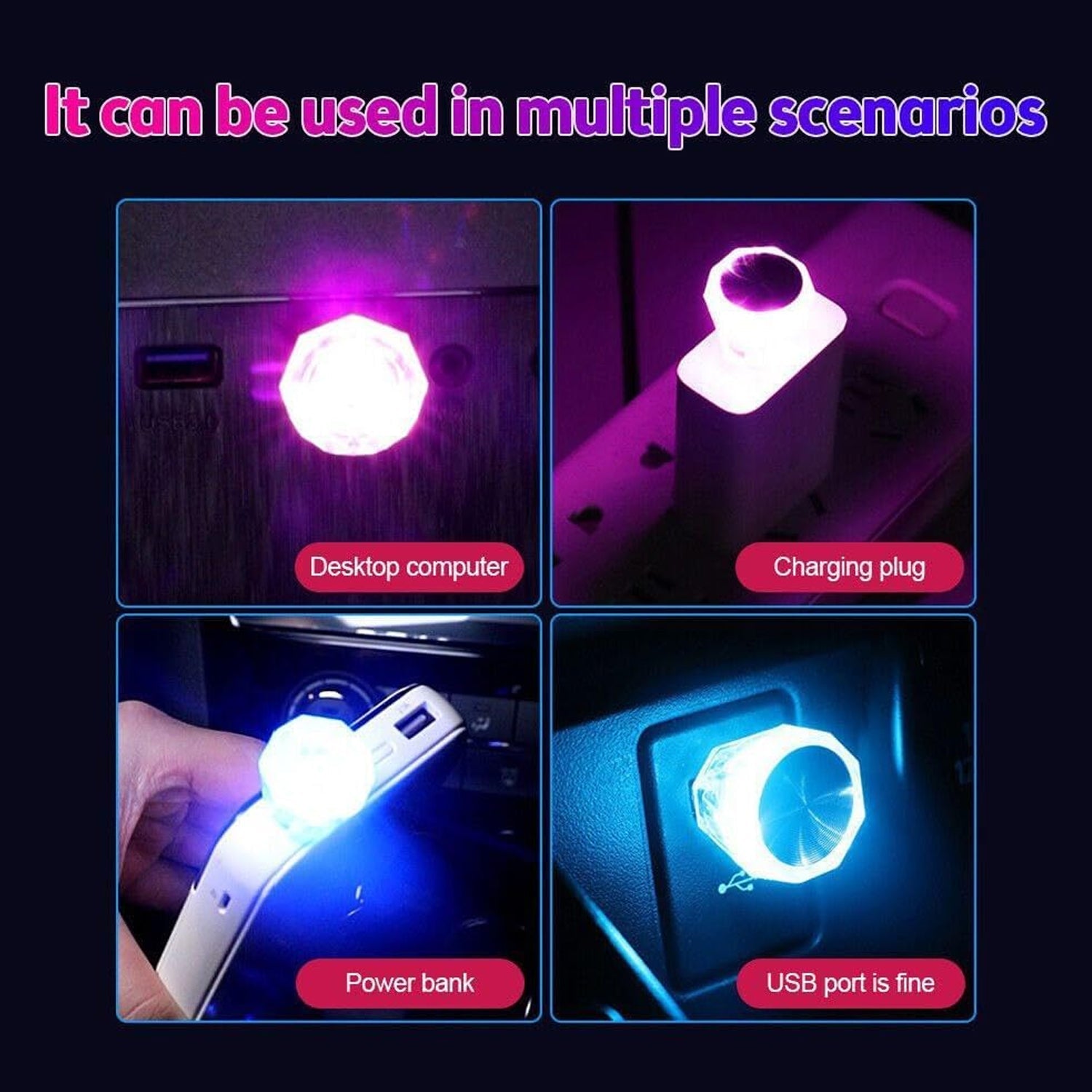 Compact multi-use mini USB LED car light for desktop, charging, power bank, and more