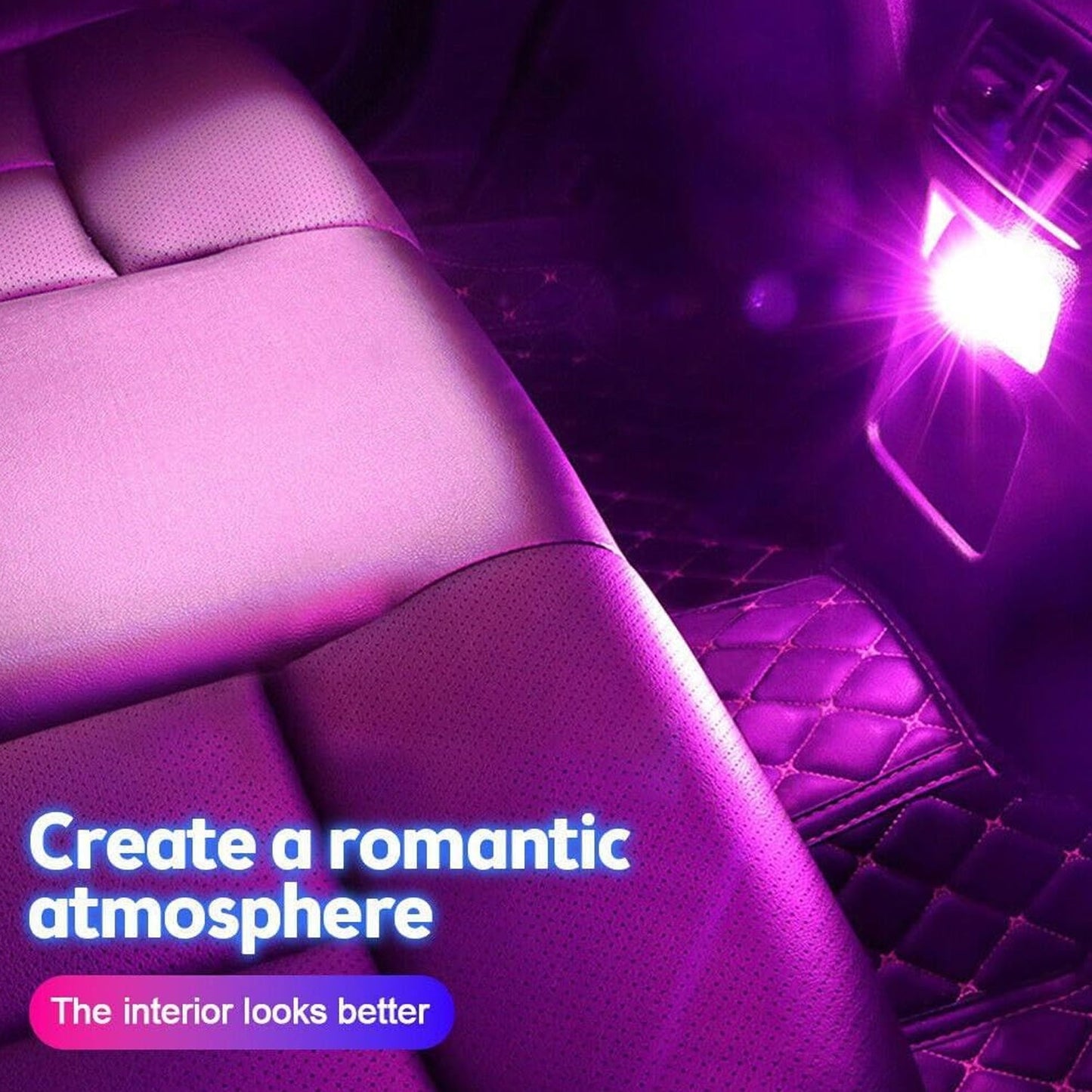 Mini USB LED car light creating a romantic atmosphere with vibrant purple illumination in car interior