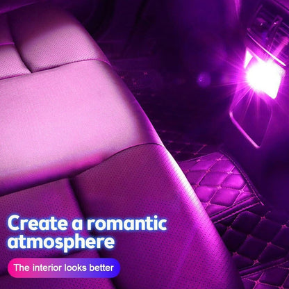 Mini USB LED car light creating a romantic atmosphere with vibrant purple illumination in car interior