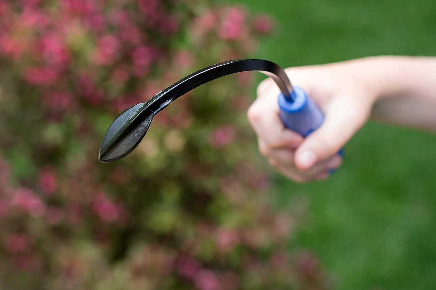 Hand holding a mini weeder pack for raised beds with a curved metal blade and blue handle