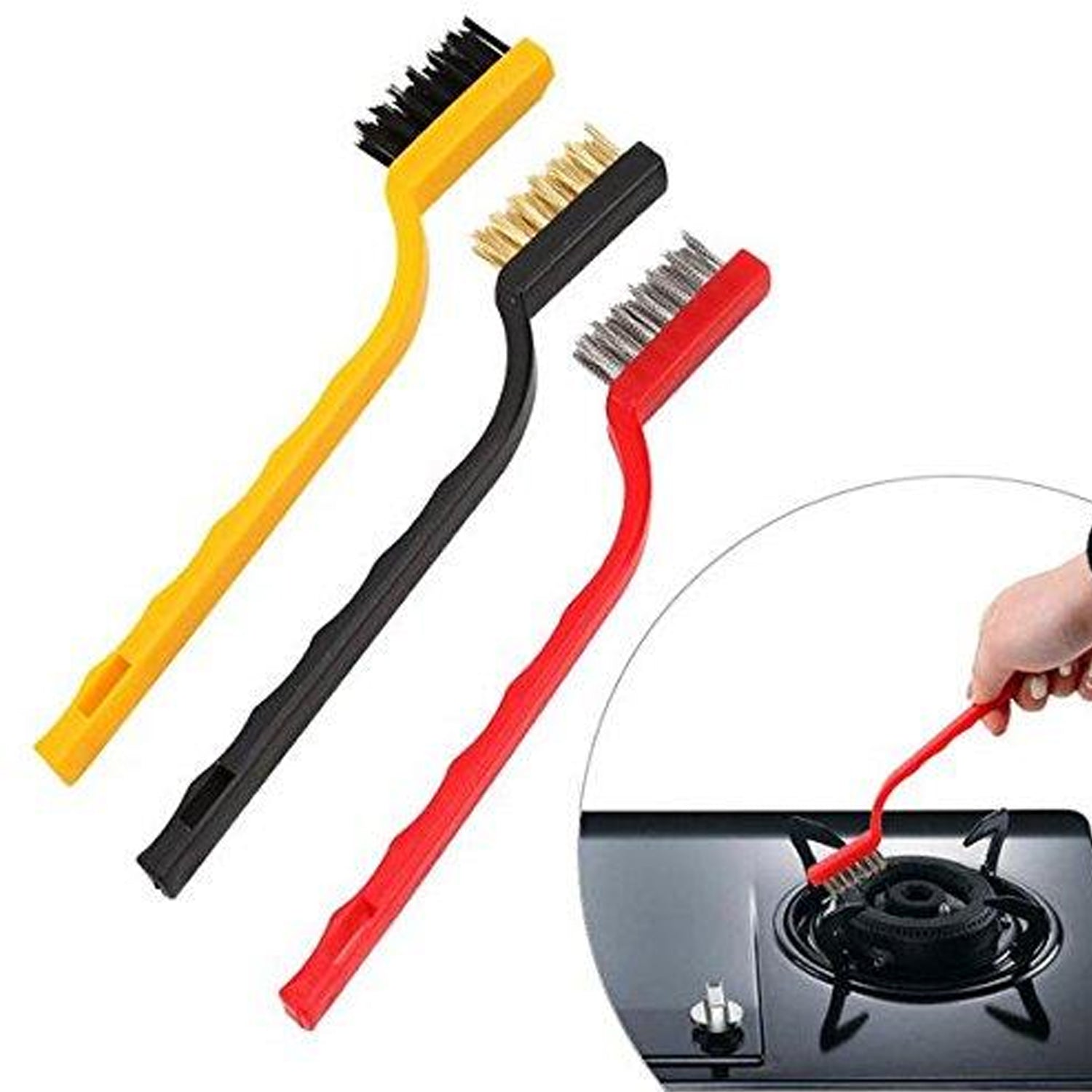 Mini wire brush set with three brushes in yellow, black, and red for effective cleaning of surfaces