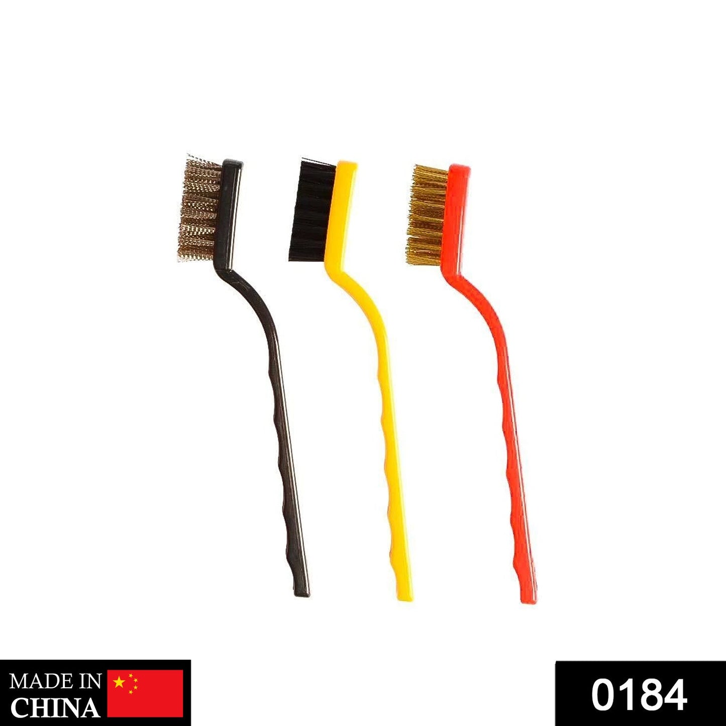 Mini wire brush set in black, yellow, and red for cleaning small parts and intricate surfaces