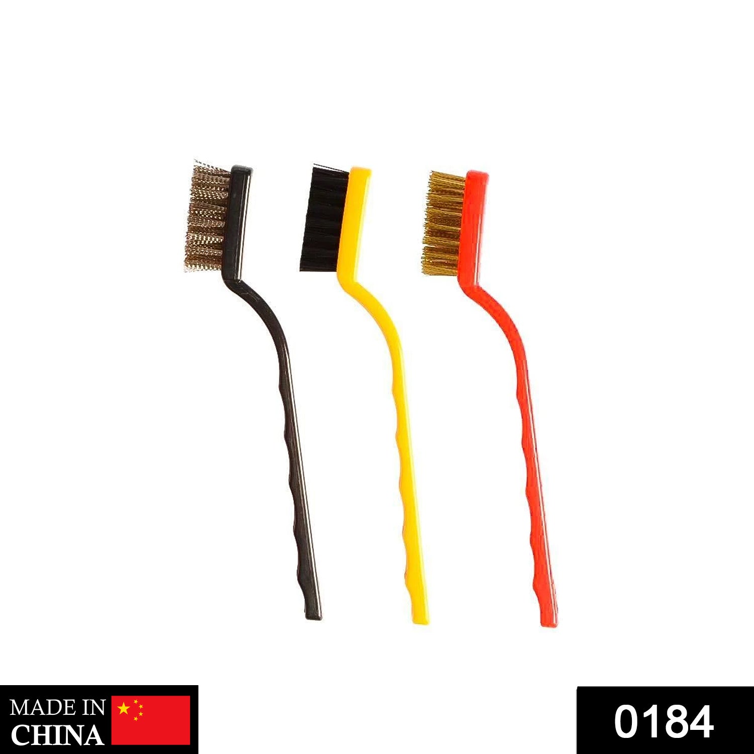 Mini wire brush set in black, yellow, and red for cleaning small parts and intricate surfaces