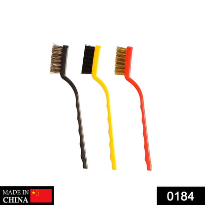 Mini wire brush set in black, yellow, and red for cleaning small parts and intricate surfaces