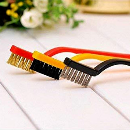Mini wire brush set with red, yellow, and black handles for cleaning tasks and detailed work