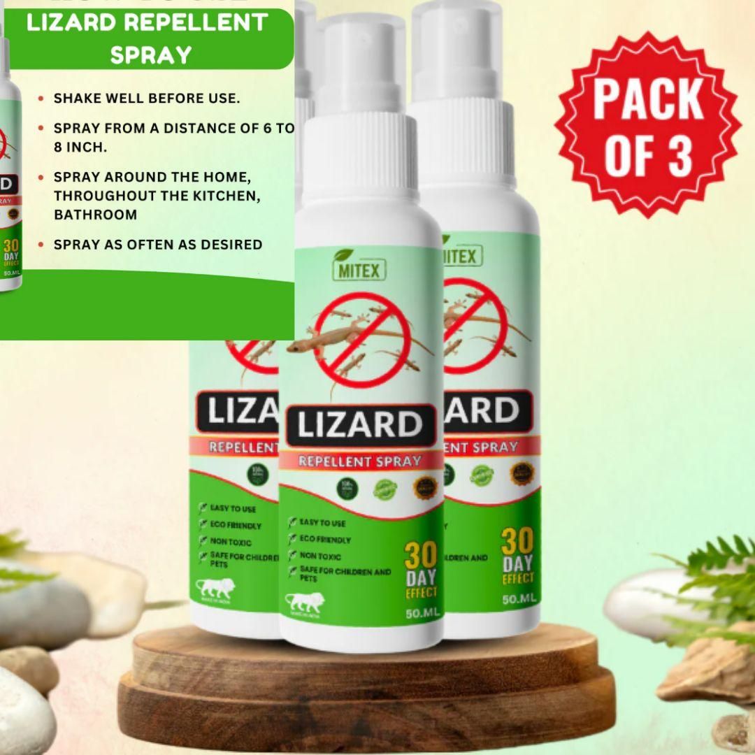 Pack of 3 organic lizard repellent spray bottles effective for 30 days and safe for indoor use