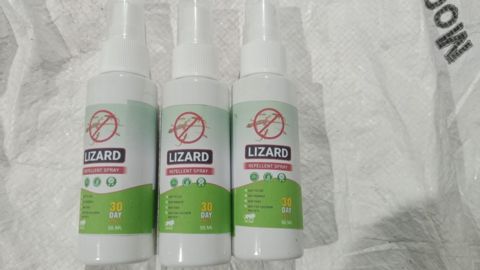 Three bottles of organic lizard repellent spray, effective for 30 days, designed for indoor and outdoor use