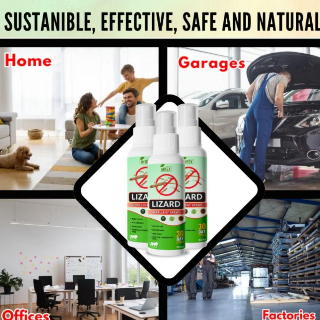 Organic lizard repellent spray bottles shown in various home and office settings for effective pest control