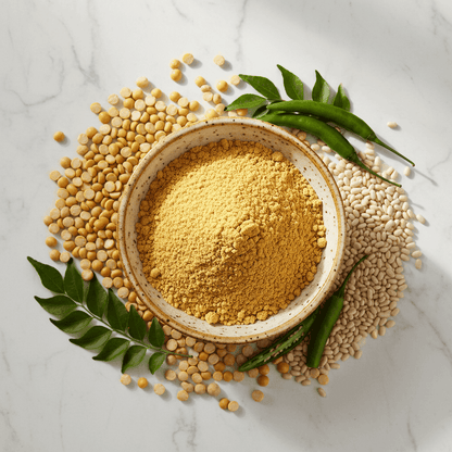 Organic Dal Vada Flour in a bowl with split lentils and curry leaves for making delicious snacks