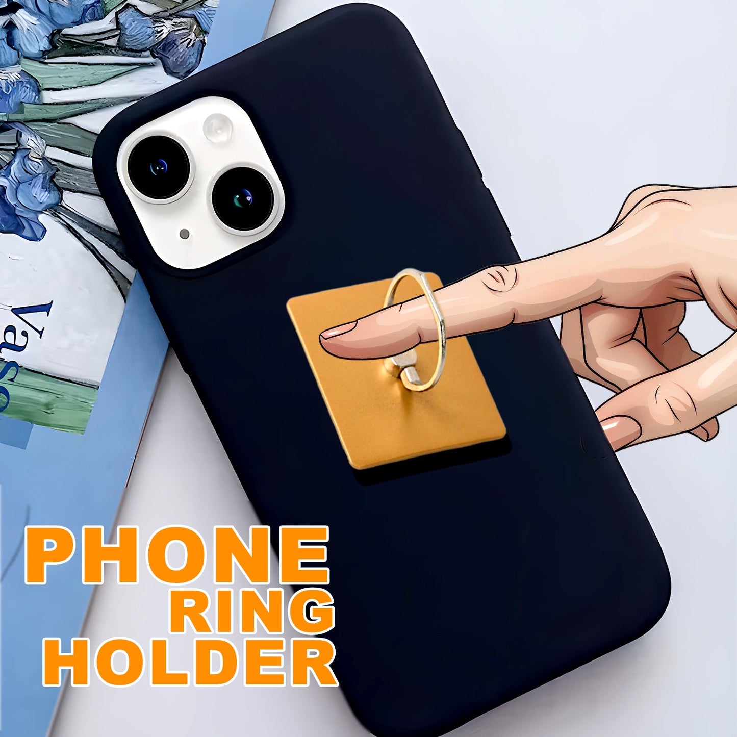 Mobile phone finger stand grip attached to sleek black phone case for secure holding