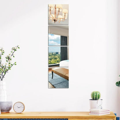 Modern acrylic mirror stickers for living room displayed as three vertical reflective panels on a white wall above a wooden surface with decor