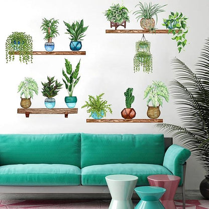 Living room with teal couch and monstera wall stickers of green potted plants on wooden shelves