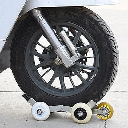 Motorcycle flat tire emergency kit featuring a portable tire repair tool and replacement wheels for quick fixes